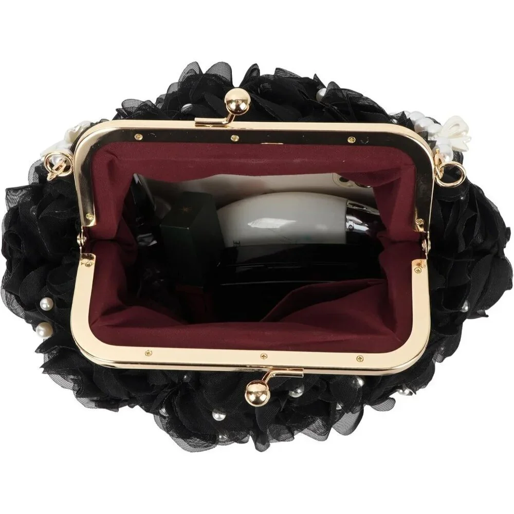 Women Mini Pearl Rose Flower Crossbody Shoulder Bag Top-handle Evening Clutch